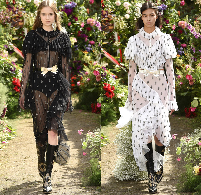 Rodarte 2018 Spring Summer Womens Runway Catwalk Looks Paris France - Motorcycle Biker Rider Leather Racer Moto Jacket Crop Top Midriff Quilted Waffle Panels Pearls Caviar Beads Ostrich Feathers Polka Dots Pastels Baby’s Breath Flowers Floral Leaves Foliage Botanical Print Graphic Embroidery Embellishments Adornments Decorated Appliqués Bedazzled Metallic Studs Sequins Knot Ribbon Belt Sheer Chiffon Organza Tulle Frills Ruche Flounce Neck Ruffles Strapless Open Shoulders Maxi Dress Goddess Gown Eveningwear Tiered Cape Asymmetrical Hem Skirt Frock Fringes Knit Mesh Furry Cowgirl Western Boots