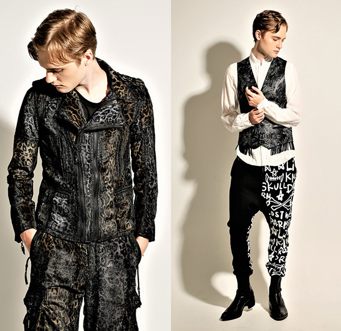 Roen Japan 2018 Spring Summer Mens Lookbook Presentation - Outerwear Parka Coat Hood Sweatshirt Motorcycle Biker Jacket Sleeveless Vest Waistcoat Long Sleeve Shirt Bomber Varsity Jacket Satin Leopard Typography Writings Stars Rustic Marbled Illustration Print Lace Up Low Crotch Pants Trousers Leggings Capri Shorts Boots