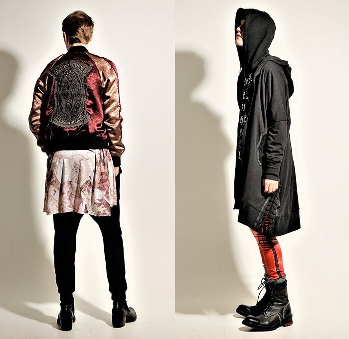 Roen Japan 2018 Spring Summer Mens Lookbook Presentation - Outerwear Parka Coat Hood Sweatshirt Motorcycle Biker Jacket Sleeveless Vest Waistcoat Long Sleeve Shirt Bomber Varsity Jacket Satin Leopard Typography Writings Stars Rustic Marbled Illustration Print Lace Up Low Crotch Pants Trousers Leggings Capri Shorts Boots