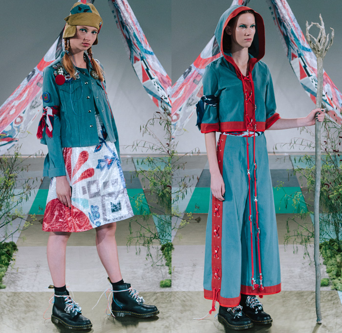 Sadie Williams 2018 Spring Summer Womens Lookbook Presentation - London Fashion Week Collections UK United Kingdom - Jeans Trucker Jacket Cargo Pockets Outerwear Parka Coat Poncho Cloak Hanging Sleeve Jacket Hood Vest Waistcoat Knit Sweater Jumper Pullover Decorative Art Tribal Canvas Fatigues Crop Top Midriff Scarf Lace Up Drawstring Strings Ponytail Bedazzled Sequins Wide Leg Palazzo Pants Shorts Socks Hosiery Stockings Patchwork Long Skirt Girl Scout Camper Hat Lapel Pins Boots
