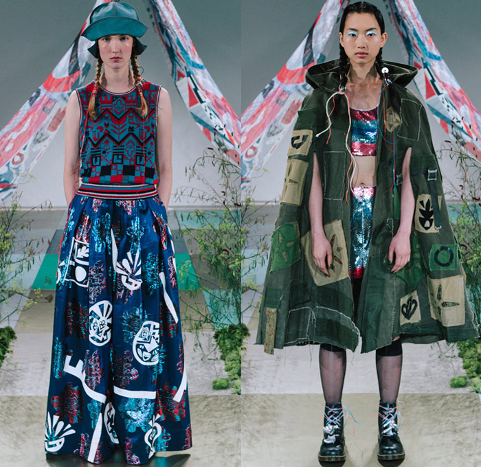 Sadie Williams 2018 Spring Summer Womens Lookbook Presentation - London Fashion Week Collections UK United Kingdom - Jeans Trucker Jacket Cargo Pockets Outerwear Parka Coat Poncho Cloak Hanging Sleeve Jacket Hood Vest Waistcoat Knit Sweater Jumper Pullover Decorative Art Tribal Canvas Fatigues Crop Top Midriff Scarf Lace Up Drawstring Strings Ponytail Bedazzled Sequins Wide Leg Palazzo Pants Shorts Socks Hosiery Stockings Patchwork Long Skirt Girl Scout Camper Hat Lapel Pins Boots