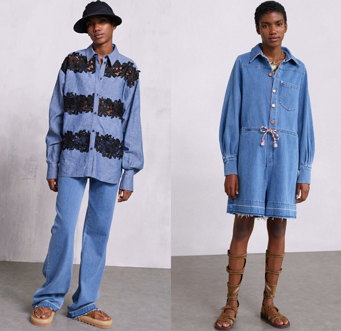 See By Chloé 2018 Spring Summer Womens Lookbook Presentation - New York Fashion Week NYFW - Cape Town South Africa Linen Coat Anorak Knit Cardigan Mesh Crochet Weave Sweater Jumper Lace Needlework Flowers Floral Palm Tree Leaves Foliage Denim Shirtdress Jeans Chambray Blouse Caftan Drawstring Jumpsuit Coveralls Dungarees Pinafore Dress Cinch Jogger Sweatpants Wide Leg Trousers Palazzo Pants Snap Buttons Tearaway Gladiator Sandals Necklace Clam Purse Tote Handbag Leaf Bag Rope Garden Hat