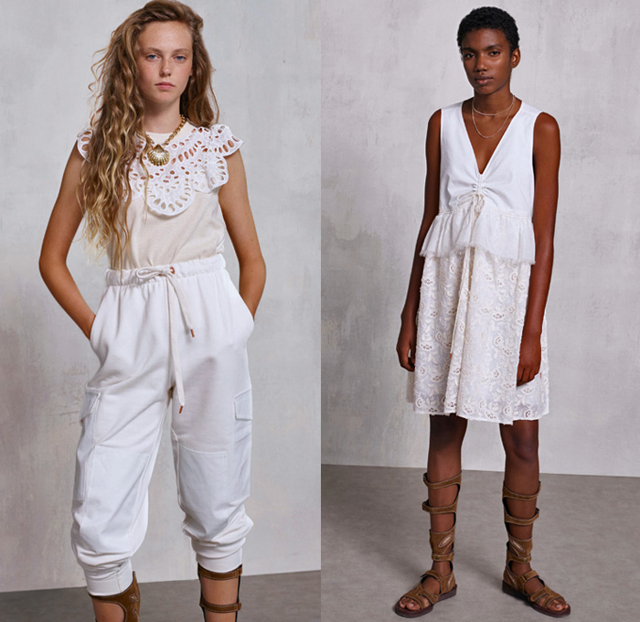 See By Chloé 2018 Spring Summer Womens Lookbook Presentation - New York Fashion Week NYFW - Cape Town South Africa Linen Coat Anorak Knit Cardigan Mesh Crochet Weave Sweater Jumper Lace Needlework Flowers Floral Palm Tree Leaves Foliage Denim Shirtdress Jeans Chambray Blouse Caftan Drawstring Jumpsuit Coveralls Dungarees Pinafore Dress Cinch Jogger Sweatpants Wide Leg Trousers Palazzo Pants Snap Buttons Tearaway Gladiator Sandals Necklace Clam Purse Tote Handbag Leaf Bag Rope Garden Hat