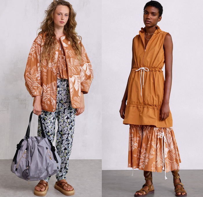 See By Chloé 2018 Spring Summer Womens Lookbook Presentation - New York Fashion Week NYFW - Cape Town South Africa Linen Coat Anorak Knit Cardigan Mesh Crochet Weave Sweater Jumper Lace Needlework Flowers Floral Palm Tree Leaves Foliage Denim Shirtdress Jeans Chambray Blouse Caftan Drawstring Jumpsuit Coveralls Dungarees Pinafore Dress Cinch Jogger Sweatpants Wide Leg Trousers Palazzo Pants Snap Buttons Tearaway Gladiator Sandals Necklace Clam Purse Tote Handbag Leaf Bag Rope Garden Hat