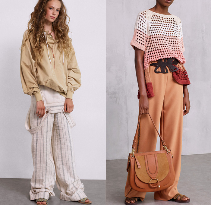 See By Chloé 2018 Spring Summer Womens Lookbook Presentation - New York Fashion Week NYFW - Cape Town South Africa Linen Coat Anorak Knit Cardigan Mesh Crochet Weave Sweater Jumper Lace Needlework Flowers Floral Palm Tree Leaves Foliage Denim Shirtdress Jeans Chambray Blouse Caftan Drawstring Jumpsuit Coveralls Dungarees Pinafore Dress Cinch Jogger Sweatpants Wide Leg Trousers Palazzo Pants Snap Buttons Tearaway Gladiator Sandals Necklace Clam Purse Tote Handbag Leaf Bag Rope Garden Hat