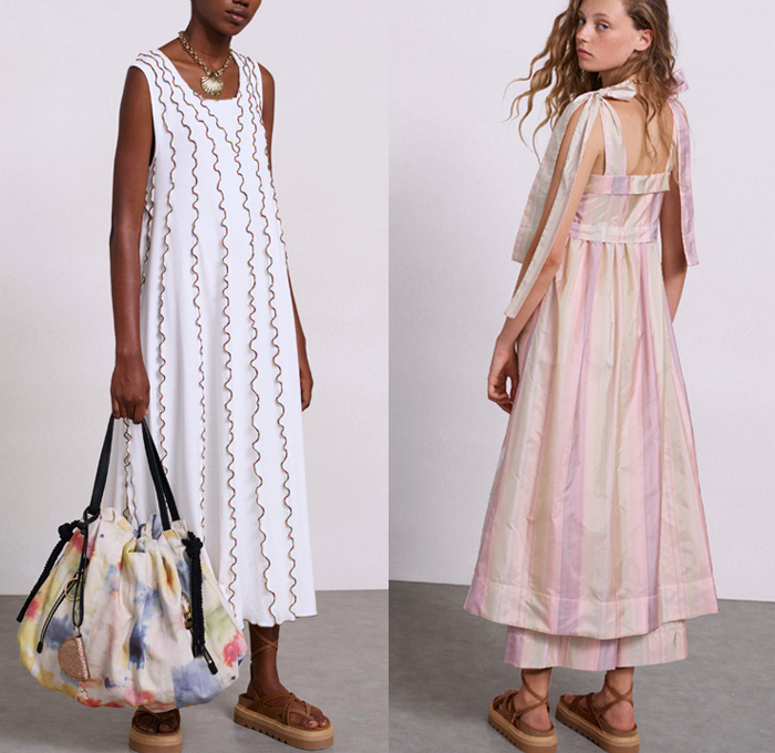 See By Chloé 2018 Spring Summer Womens Lookbook Presentation - New York Fashion Week NYFW - Cape Town South Africa Linen Coat Anorak Knit Cardigan Mesh Crochet Weave Sweater Jumper Lace Needlework Flowers Floral Palm Tree Leaves Foliage Denim Shirtdress Jeans Chambray Blouse Caftan Drawstring Jumpsuit Coveralls Dungarees Pinafore Dress Cinch Jogger Sweatpants Wide Leg Trousers Palazzo Pants Snap Buttons Tearaway Gladiator Sandals Necklace Clam Purse Tote Handbag Leaf Bag Rope Garden Hat