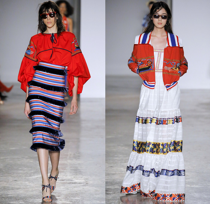 Stella Jean 2018 Spring Summer Womens Runway Catwalk Looks - Milano Moda Donna Collezione Milan Fashion Week Italy - La Paz Bolivia Cholitas Luchadores Wrestlers Decorative Art Boat Tribal Ethnic Giraffe Fishes Fringes Tie-Dye Plaid Check Silk Satin Ruffles Mesh Tassels Stripes Drawstring Crop Top Midriff Strapless One Shoulder Motorcycle Biker Jacket Mechanic Shirt Pencil Skirt Fishnet Leggings Maxi Dress Cargo Pockets Tiered Boxers Suspenders Bangles Choker Fanny Pack Belt Bag Selfie Top Hat