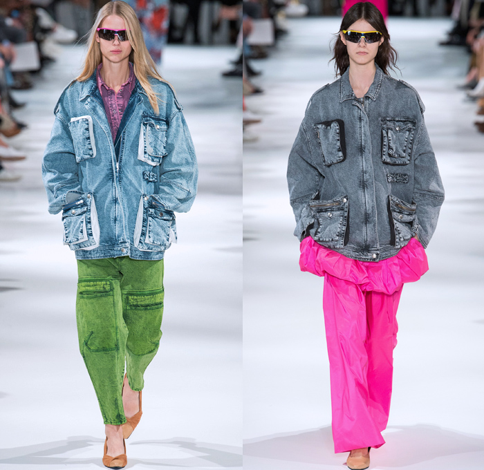 Stella McCartney 2018 Spring Summer Womens Runway Catwalk Looks - Mode à Paris Fashion Week France - Oversized Denim Jeans Cargo Pockets Tapered Colored Dyed Vest Onesie Jumpsuit Coveralls Boiler Suit Electric Fan Satin Geometric Fins Ruffles Pleather PVC Vinyl Sheer Chiffon Organza Tulle Leopard Fringes Microphone Fan Pop Art Motif Blouse Leg O'Mutton Sleeves One Shoulder Strapless Tie Up Waist Knot Shirtdress Cutout Waist Culottes Maxi Dress Sunglasses Boots Sandals Clutch Purse Handbag 