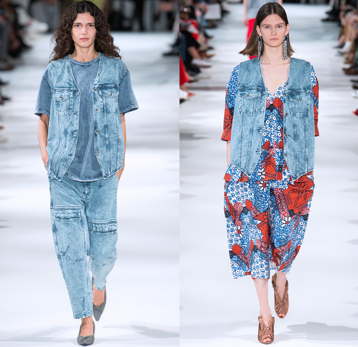 Stella McCartney 2018 Spring Summer Womens Runway Catwalk Looks - Mode à Paris Fashion Week France - Oversized Denim Jeans Cargo Pockets Tapered Colored Dyed Vest Onesie Jumpsuit Coveralls Boiler Suit Electric Fan Satin Geometric Fins Ruffles Pleather PVC Vinyl Sheer Chiffon Organza Tulle Leopard Fringes Microphone Fan Pop Art Motif Blouse Leg O'Mutton Sleeves One Shoulder Strapless Tie Up Waist Knot Shirtdress Cutout Waist Culottes Maxi Dress Sunglasses Boots Sandals Clutch Purse Handbag 