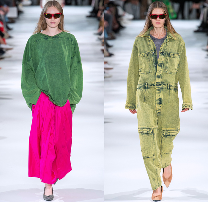 Stella McCartney 2018 Spring Summer Womens Runway Catwalk Looks - Mode à Paris Fashion Week France - Oversized Denim Jeans Cargo Pockets Tapered Colored Dyed Vest Onesie Jumpsuit Coveralls Boiler Suit Electric Fan Satin Geometric Fins Ruffles Pleather PVC Vinyl Sheer Chiffon Organza Tulle Leopard Fringes Microphone Fan Pop Art Motif Blouse Leg O'Mutton Sleeves One Shoulder Strapless Tie Up Waist Knot Shirtdress Cutout Waist Culottes Maxi Dress Sunglasses Boots Sandals Clutch Purse Handbag 