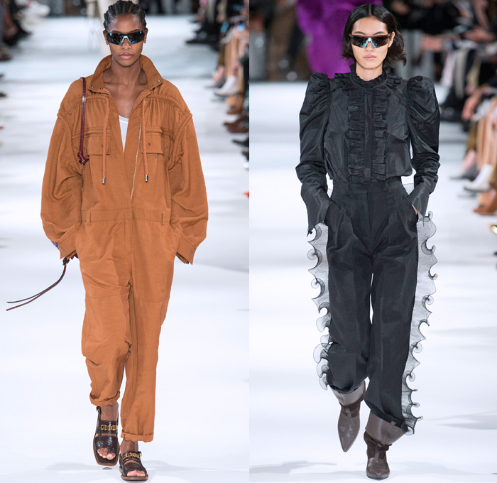 Stella McCartney 2018 Spring Summer Womens Runway Catwalk Looks - Mode à Paris Fashion Week France - Oversized Denim Jeans Cargo Pockets Tapered Colored Dyed Vest Onesie Jumpsuit Coveralls Boiler Suit Electric Fan Satin Geometric Fins Ruffles Pleather PVC Vinyl Sheer Chiffon Organza Tulle Leopard Fringes Microphone Fan Pop Art Motif Blouse Leg O'Mutton Sleeves One Shoulder Strapless Tie Up Waist Knot Shirtdress Cutout Waist Culottes Maxi Dress Sunglasses Boots Sandals Clutch Purse Handbag 