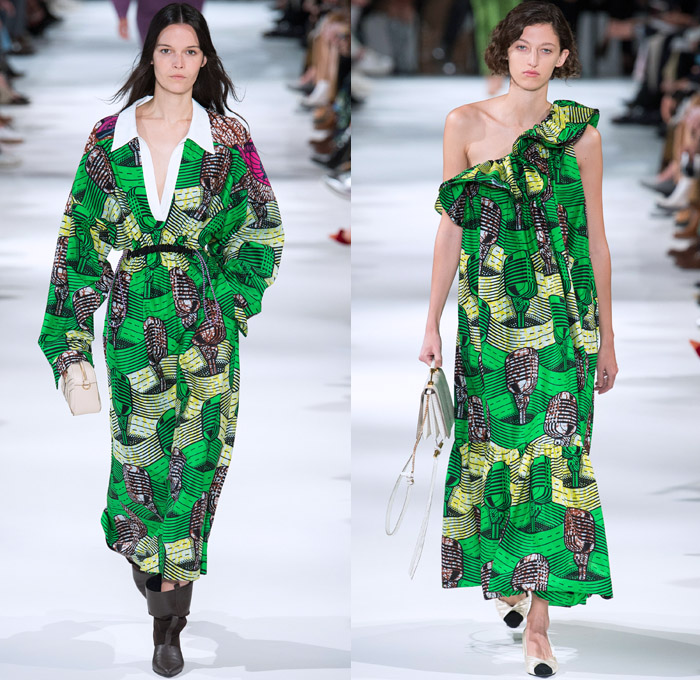 Stella McCartney 2018 Spring Summer Womens Runway Catwalk Looks - Mode à Paris Fashion Week France - Oversized Denim Jeans Cargo Pockets Tapered Colored Dyed Vest Onesie Jumpsuit Coveralls Boiler Suit Electric Fan Satin Geometric Fins Ruffles Pleather PVC Vinyl Sheer Chiffon Organza Tulle Leopard Fringes Microphone Fan Pop Art Motif Blouse Leg O'Mutton Sleeves One Shoulder Strapless Tie Up Waist Knot Shirtdress Cutout Waist Culottes Maxi Dress Sunglasses Boots Sandals Clutch Purse Handbag 