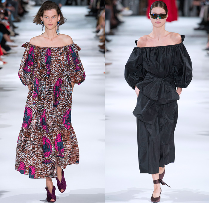 Stella McCartney 2018 Spring Summer Womens Runway Catwalk Looks - Mode à Paris Fashion Week France - Oversized Denim Jeans Cargo Pockets Tapered Colored Dyed Vest Onesie Jumpsuit Coveralls Boiler Suit Electric Fan Satin Geometric Fins Ruffles Pleather PVC Vinyl Sheer Chiffon Organza Tulle Leopard Fringes Microphone Fan Pop Art Motif Blouse Leg O'Mutton Sleeves One Shoulder Strapless Tie Up Waist Knot Shirtdress Cutout Waist Culottes Maxi Dress Sunglasses Boots Sandals Clutch Purse Handbag 