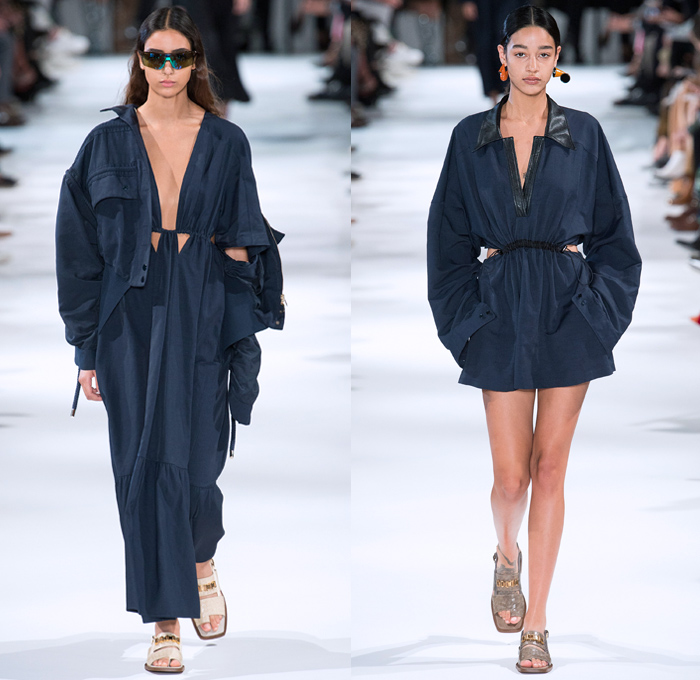 Stella McCartney 2018 Spring Summer Womens Runway Catwalk Looks - Mode à Paris Fashion Week France - Oversized Denim Jeans Cargo Pockets Tapered Colored Dyed Vest Onesie Jumpsuit Coveralls Boiler Suit Electric Fan Satin Geometric Fins Ruffles Pleather PVC Vinyl Sheer Chiffon Organza Tulle Leopard Fringes Microphone Fan Pop Art Motif Blouse Leg O'Mutton Sleeves One Shoulder Strapless Tie Up Waist Knot Shirtdress Cutout Waist Culottes Maxi Dress Sunglasses Boots Sandals Clutch Purse Handbag 