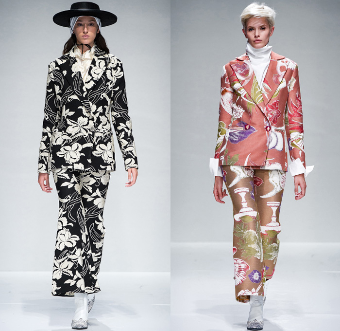 Taller Marmo 2018 Spring Summer Womens Runway Catwalk Looks - Who is on Next? 2017 Donna Altaroma Rome Italy - Western Pantsuit Blazer Jacket Turtleneck Outerwear Coat Contrast Stitching Translucent Transparent Long Sleeve Blouse Shirt Sweater Jumper Shirtdress Caftan Flowers Floral Botanical Print Graphic Motif Silk Satin Embroidery Sheer Chiffon Organza Tulle Adornments Decorated Appliqués Bedazzled Metallic Fringes Wide Leg Trousers Palazzo Pants Maxi Dress Wide Brim Hat Thigh High Boots