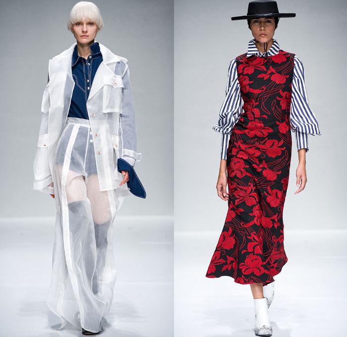 Taller Marmo 2018 Spring Summer Womens Runway Catwalk Looks - Who is on Next? 2017 Donna Altaroma Rome Italy - Western Pantsuit Blazer Jacket Turtleneck Outerwear Coat Contrast Stitching Translucent Transparent Long Sleeve Blouse Shirt Sweater Jumper Shirtdress Caftan Flowers Floral Botanical Print Graphic Motif Silk Satin Embroidery Sheer Chiffon Organza Tulle Adornments Decorated Appliqués Bedazzled Metallic Fringes Wide Leg Trousers Palazzo Pants Maxi Dress Wide Brim Hat Thigh High Boots
