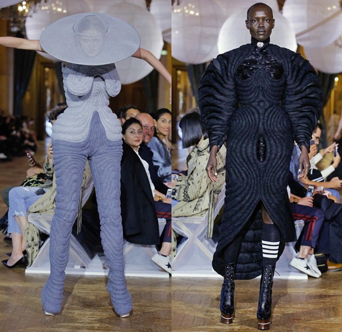 Thom Browne 2018 Spring Summer Womens Runway Catwalk Looks - Mode à Paris Fashion Week France - Fairy Tale Ball Hat Unicorn Sculptural Beehive Saggy Breasts Flabs Madras Cutout Sheer Tulle Fur Fringes Plaid Check Stripes Bedazzled Jewels Sequins Flowers Floral Embroidery Houndstooth Patchwork Quilted Octopus Tentacles Ribbons Split Coat Jacket Crop Top Cutout Halterneck Necktie Bow Badminton Rackets Corset Cardigan Shirtdress Crinoline Skirt Dress Gown Elevator Boots Handbag Briefcase Choker