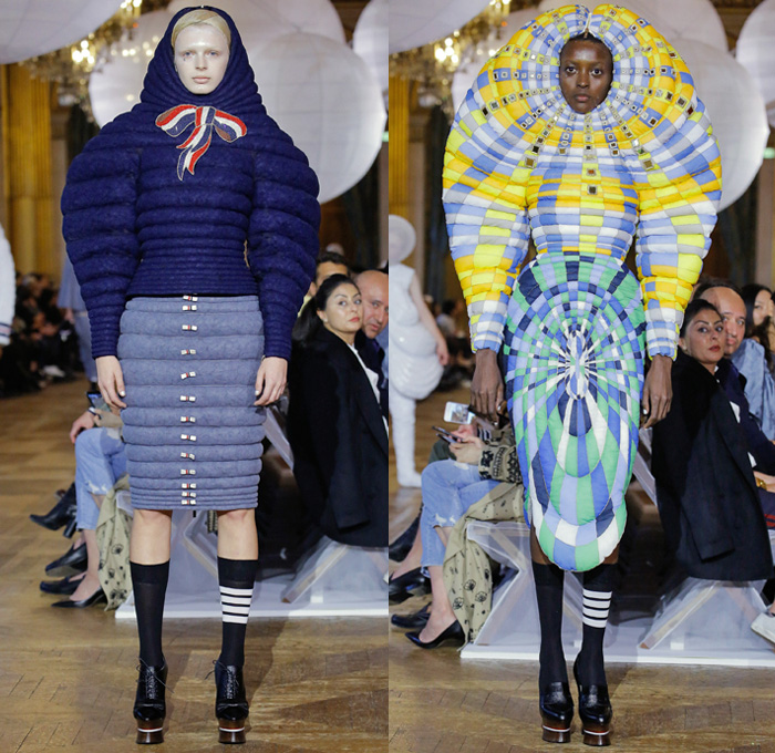 Thom Browne 2018 Spring Summer Womens Runway Catwalk Looks - Mode à Paris Fashion Week France - Fairy Tale Ball Hat Unicorn Sculptural Beehive Saggy Breasts Flabs Madras Cutout Sheer Tulle Fur Fringes Plaid Check Stripes Bedazzled Jewels Sequins Flowers Floral Embroidery Houndstooth Patchwork Quilted Octopus Tentacles Ribbons Split Coat Jacket Crop Top Cutout Halterneck Necktie Bow Badminton Rackets Corset Cardigan Shirtdress Crinoline Skirt Dress Gown Elevator Boots Handbag Briefcase Choker