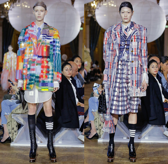 Thom Browne 2018 Spring Summer Womens Runway Catwalk Looks - Mode à Paris Fashion Week France - Fairy Tale Ball Hat Unicorn Sculptural Beehive Saggy Breasts Flabs Madras Cutout Sheer Tulle Fur Fringes Plaid Check Stripes Bedazzled Jewels Sequins Flowers Floral Embroidery Houndstooth Patchwork Quilted Octopus Tentacles Ribbons Split Coat Jacket Crop Top Cutout Halterneck Necktie Bow Badminton Rackets Corset Cardigan Shirtdress Crinoline Skirt Dress Gown Elevator Boots Handbag Briefcase Choker