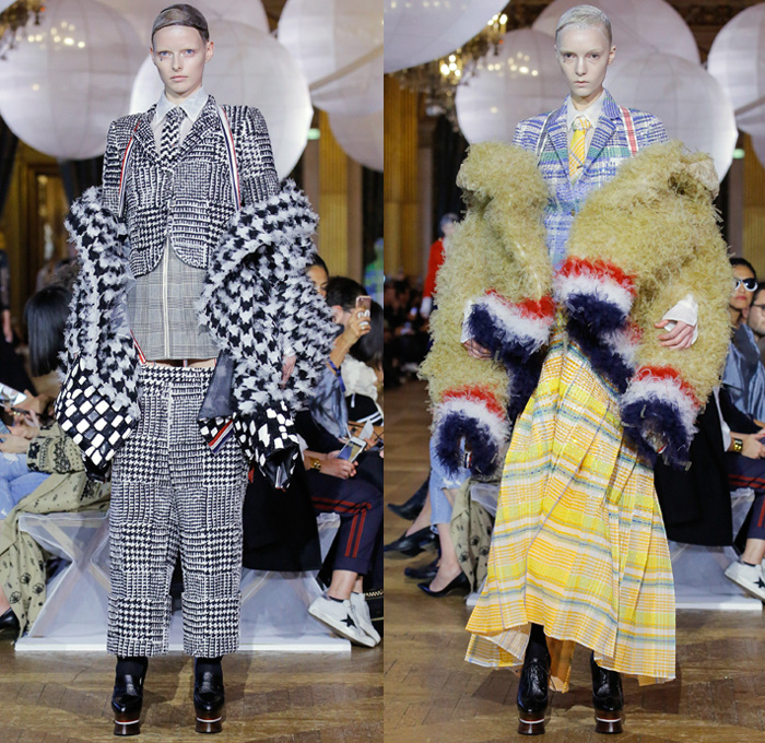 Thom Browne 2018 Spring Summer Womens Runway Catwalk Looks - Mode à Paris Fashion Week France - Fairy Tale Ball Hat Unicorn Sculptural Beehive Saggy Breasts Flabs Madras Cutout Sheer Tulle Fur Fringes Plaid Check Stripes Bedazzled Jewels Sequins Flowers Floral Embroidery Houndstooth Patchwork Quilted Octopus Tentacles Ribbons Split Coat Jacket Crop Top Cutout Halterneck Necktie Bow Badminton Rackets Corset Cardigan Shirtdress Crinoline Skirt Dress Gown Elevator Boots Handbag Briefcase Choker