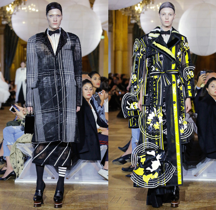 Thom Browne 2018 Spring Summer Womens Runway Catwalk Looks - Mode à Paris Fashion Week France - Fairy Tale Ball Hat Unicorn Sculptural Beehive Saggy Breasts Flabs Madras Cutout Sheer Tulle Fur Fringes Plaid Check Stripes Bedazzled Jewels Sequins Flowers Floral Embroidery Houndstooth Patchwork Quilted Octopus Tentacles Ribbons Split Coat Jacket Crop Top Cutout Halterneck Necktie Bow Badminton Rackets Corset Cardigan Shirtdress Crinoline Skirt Dress Gown Elevator Boots Handbag Briefcase Choker