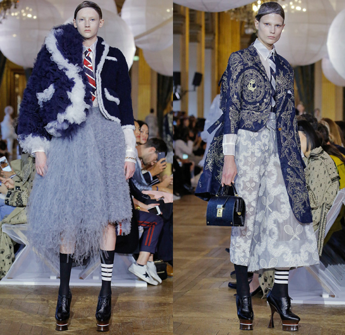 Thom Browne 2018 Spring Summer Womens Runway Catwalk Looks - Mode à Paris Fashion Week France - Fairy Tale Ball Hat Unicorn Sculptural Beehive Saggy Breasts Flabs Madras Cutout Sheer Tulle Fur Fringes Plaid Check Stripes Bedazzled Jewels Sequins Flowers Floral Embroidery Houndstooth Patchwork Quilted Octopus Tentacles Ribbons Split Coat Jacket Crop Top Cutout Halterneck Necktie Bow Badminton Rackets Corset Cardigan Shirtdress Crinoline Skirt Dress Gown Elevator Boots Handbag Briefcase Choker