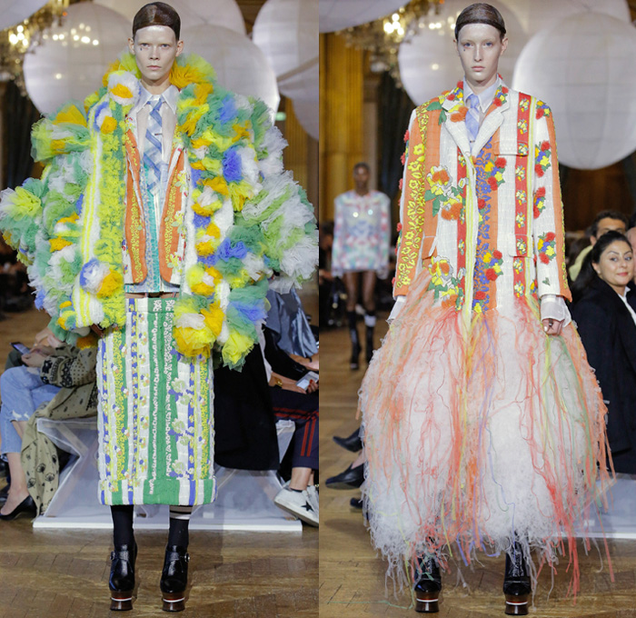 Thom Browne 2018 Spring Summer Womens Runway Catwalk Looks - Mode à Paris Fashion Week France - Fairy Tale Ball Hat Unicorn Sculptural Beehive Saggy Breasts Flabs Madras Cutout Sheer Tulle Fur Fringes Plaid Check Stripes Bedazzled Jewels Sequins Flowers Floral Embroidery Houndstooth Patchwork Quilted Octopus Tentacles Ribbons Split Coat Jacket Crop Top Cutout Halterneck Necktie Bow Badminton Rackets Corset Cardigan Shirtdress Crinoline Skirt Dress Gown Elevator Boots Handbag Briefcase Choker