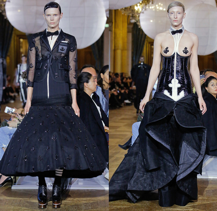 Thom Browne 2018 Spring Summer Womens Runway Catwalk Looks - Mode à Paris Fashion Week France - Fairy Tale Ball Hat Unicorn Sculptural Beehive Saggy Breasts Flabs Madras Cutout Sheer Tulle Fur Fringes Plaid Check Stripes Bedazzled Jewels Sequins Flowers Floral Embroidery Houndstooth Patchwork Quilted Octopus Tentacles Ribbons Split Coat Jacket Crop Top Cutout Halterneck Necktie Bow Badminton Rackets Corset Cardigan Shirtdress Crinoline Skirt Dress Gown Elevator Boots Handbag Briefcase Choker