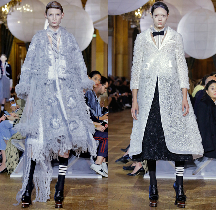 Thom Browne 2018 Spring Summer Womens Runway Catwalk Looks - Mode à Paris Fashion Week France - Fairy Tale Ball Hat Unicorn Sculptural Beehive Saggy Breasts Flabs Madras Cutout Sheer Tulle Fur Fringes Plaid Check Stripes Bedazzled Jewels Sequins Flowers Floral Embroidery Houndstooth Patchwork Quilted Octopus Tentacles Ribbons Split Coat Jacket Crop Top Cutout Halterneck Necktie Bow Badminton Rackets Corset Cardigan Shirtdress Crinoline Skirt Dress Gown Elevator Boots Handbag Briefcase Choker