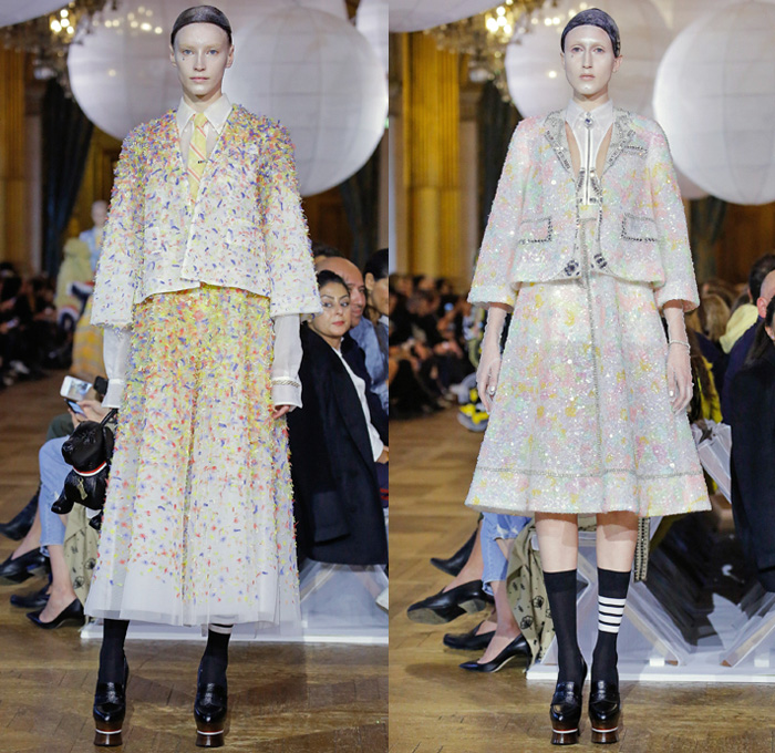 Thom Browne 2018 Spring Summer Womens Runway Catwalk Looks - Mode à Paris Fashion Week France - Fairy Tale Ball Hat Unicorn Sculptural Beehive Saggy Breasts Flabs Madras Cutout Sheer Tulle Fur Fringes Plaid Check Stripes Bedazzled Jewels Sequins Flowers Floral Embroidery Houndstooth Patchwork Quilted Octopus Tentacles Ribbons Split Coat Jacket Crop Top Cutout Halterneck Necktie Bow Badminton Rackets Corset Cardigan Shirtdress Crinoline Skirt Dress Gown Elevator Boots Handbag Briefcase Choker