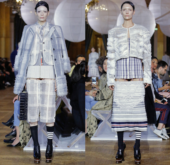 Thom Browne 2018 Spring Summer Womens Runway Catwalk Looks - Mode à Paris Fashion Week France - Fairy Tale Ball Hat Unicorn Sculptural Beehive Saggy Breasts Flabs Madras Cutout Sheer Tulle Fur Fringes Plaid Check Stripes Bedazzled Jewels Sequins Flowers Floral Embroidery Houndstooth Patchwork Quilted Octopus Tentacles Ribbons Split Coat Jacket Crop Top Cutout Halterneck Necktie Bow Badminton Rackets Corset Cardigan Shirtdress Crinoline Skirt Dress Gown Elevator Boots Handbag Briefcase Choker