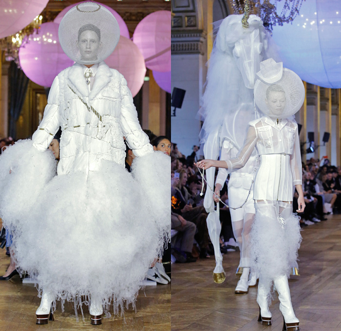 Thom Browne 2018 Spring Summer Womens Runway Catwalk Looks - Mode à Paris Fashion Week France - Fairy Tale Ball Hat Unicorn Sculptural Beehive Saggy Breasts Flabs Madras Cutout Sheer Tulle Fur Fringes Plaid Check Stripes Bedazzled Jewels Sequins Flowers Floral Embroidery Houndstooth Patchwork Quilted Octopus Tentacles Ribbons Split Coat Jacket Crop Top Cutout Halterneck Necktie Bow Badminton Rackets Corset Cardigan Shirtdress Crinoline Skirt Dress Gown Elevator Boots Handbag Briefcase Choker