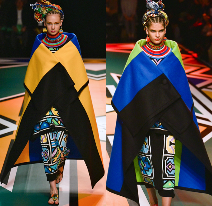 Tokuko 1er Vol by Tokuko Maeda 2018 Spring Summer Womens Runway Catwalk Looks - Amazon Fashion Week Tokyo Japan AmazonFWT - Cloak Blanket Shawl Turtleneck Embroidery Ornamental Print Decorative Art Tribal Ethnic Folk Geometric Church Building Ocean Illustration Faces Mesh Fishnet Accordion Pleats Flowers Floral Leaves Foliage Plants Sheer Tulle Perforated Lasercut Lace Animals Jungle Safari LED Lights Lantern Dress Tiered Wide Leg Headwear Turban Earrings Sandals Bangles Necklace Beads