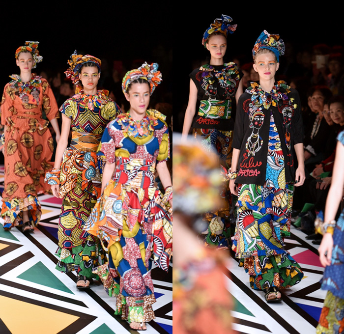 Tokuko 1er Vol by Tokuko Maeda 2018 Spring Summer Womens Runway Catwalk Looks - Amazon Fashion Week Tokyo Japan AmazonFWT - Cloak Blanket Shawl Turtleneck Embroidery Ornamental Print Decorative Art Tribal Ethnic Folk Geometric Church Building Ocean Illustration Faces Mesh Fishnet Accordion Pleats Flowers Floral Leaves Foliage Plants Sheer Tulle Perforated Lasercut Lace Animals Jungle Safari LED Lights Lantern Dress Tiered Wide Leg Headwear Turban Earrings Sandals Bangles Necklace Beads