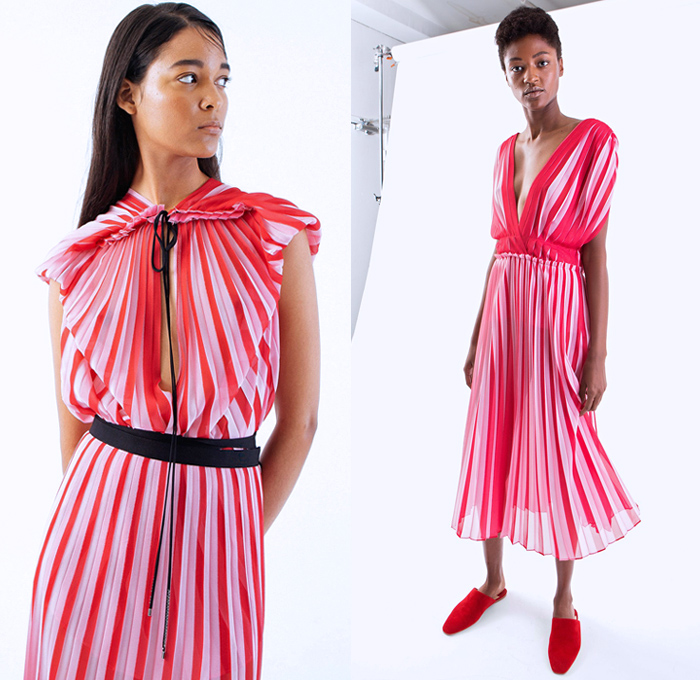 TOME 2018 Spring Summer Womens Lookbook Presentation - New York Fashion Week NYFW - Rainbow Stripes Dimensional Organic Shape Sculptural Accordion Pleats Folds Sheer Chiffon Drawstring Lace Up Sash Waist One Shoulder Drapery Knitwear Ribbed Ruffles Flounce Tie Up Waist Knot Wrap Plaid Tartan Check Long Sleeve Blouse Shirt Skirt Frock Maxi Dress Cape Wide Leg Trousers Palazzo Pants