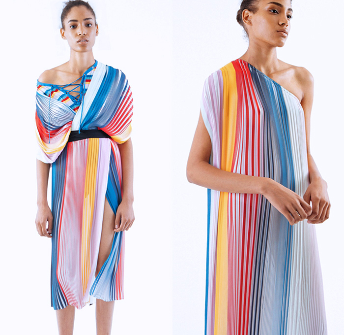 TOME 2018 Spring Summer Womens Lookbook Presentation - New York Fashion Week NYFW - Rainbow Stripes Dimensional Organic Shape Sculptural Accordion Pleats Folds Sheer Chiffon Drawstring Lace Up Sash Waist One Shoulder Drapery Knitwear Ribbed Ruffles Flounce Tie Up Waist Knot Wrap Plaid Tartan Check Long Sleeve Blouse Shirt Skirt Frock Maxi Dress Cape Wide Leg Trousers Palazzo Pants