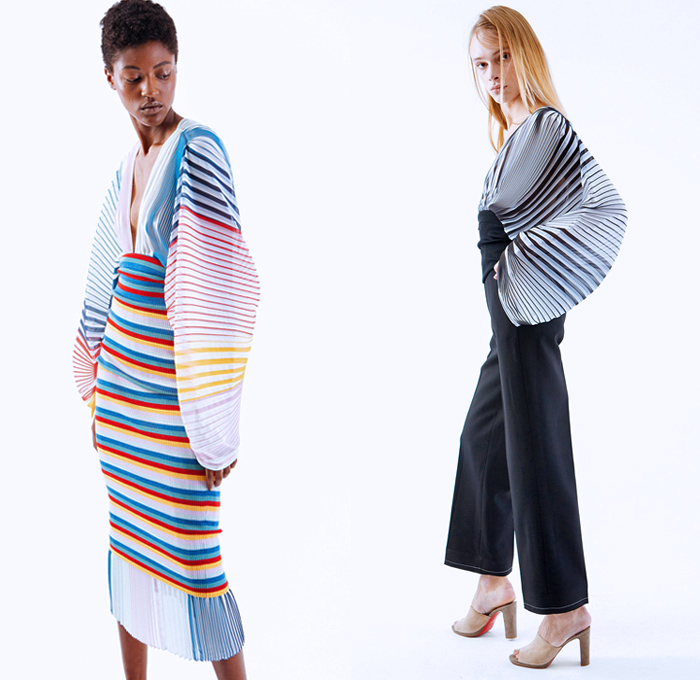 TOME 2018 Spring Summer Womens Lookbook Presentation - New York Fashion Week NYFW - Rainbow Stripes Dimensional Organic Shape Sculptural Accordion Pleats Folds Sheer Chiffon Drawstring Lace Up Sash Waist One Shoulder Drapery Knitwear Ribbed Ruffles Flounce Tie Up Waist Knot Wrap Plaid Tartan Check Long Sleeve Blouse Shirt Skirt Frock Maxi Dress Cape Wide Leg Trousers Palazzo Pants