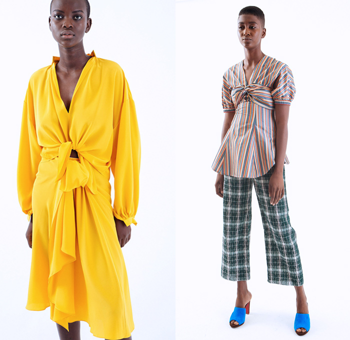 TOME 2018 Spring Summer Womens Lookbook Presentation - New York Fashion Week NYFW - Rainbow Stripes Dimensional Organic Shape Sculptural Accordion Pleats Folds Sheer Chiffon Drawstring Lace Up Sash Waist One Shoulder Drapery Knitwear Ribbed Ruffles Flounce Tie Up Waist Knot Wrap Plaid Tartan Check Long Sleeve Blouse Shirt Skirt Frock Maxi Dress Cape Wide Leg Trousers Palazzo Pants