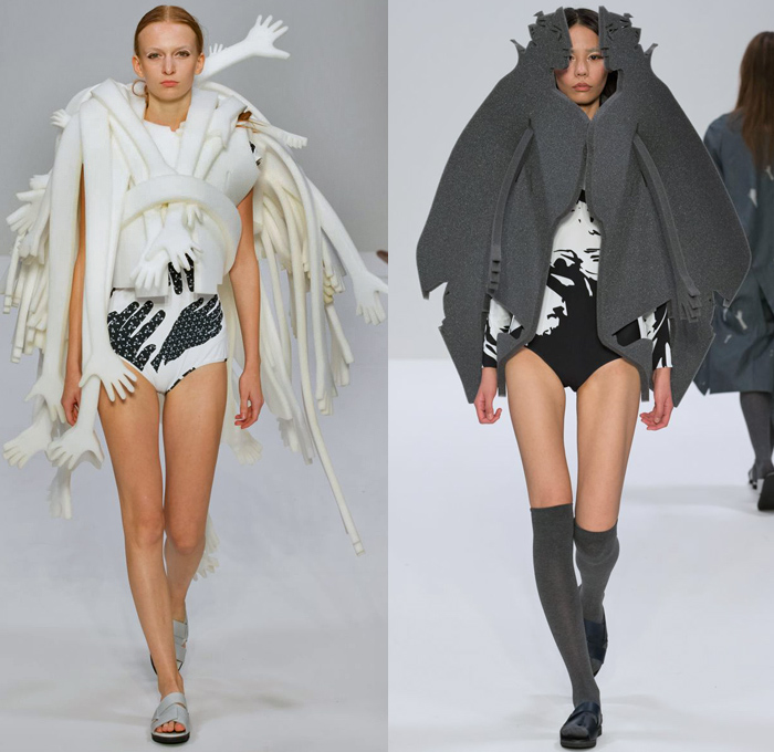Triinu Pungits 2018 Spring Summer Womens Runway Catwalk Looks - London Fashion Week Collections UK United Kingdom - Foam Jazz Hands Cutout Carved Face Arms Unitard Leotard Knit Sweater Jumper Turtleneck Outerwear Coat Geometric Wide Lapel Check Zigzag Stripes Sweaterdress Onesie Heart Ruffles Stockings Tights Sandals
