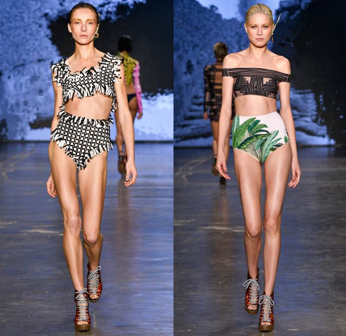 Triya 2018 Summer Womens Runway Catwalk Looks - São Paulo Fashion Week N44 Temporada Verão 2018 Brasil Southern Hemisphere Moda Desfiles - Swimsuit Bikini Diapers Crop Top Midriff Noodle Spaghetti Strap High Waist Heart Shaped Leaf Stripes Knit Crochet Basketweave Fringes Strapless Open Shoulders Geometric Halterneck Tie Up Knot Drawings Robe Maxi Dress Mesh Fishnet Leopard Fauna Leaves Foliage Botanical Print Graphic Motif One Shoulder Ruffles Pants Trousers Denim Jeans Destroyed Destructed Swimwear Necklace Earrings Lace Up Boots