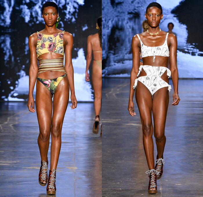 Triya 2018 Summer Womens Runway Catwalk Looks - São Paulo Fashion Week N44 Temporada Verão 2018 Brasil Southern Hemisphere Moda Desfiles - Swimsuit Bikini Diapers Crop Top Midriff Noodle Spaghetti Strap High Waist Heart Shaped Leaf Stripes Knit Crochet Basketweave Fringes Strapless Open Shoulders Geometric Halterneck Tie Up Knot Drawings Robe Maxi Dress Mesh Fishnet Leopard Fauna Leaves Foliage Botanical Print Graphic Motif One Shoulder Ruffles Pants Trousers Denim Jeans Destroyed Destructed Swimwear Necklace Earrings Lace Up Boots