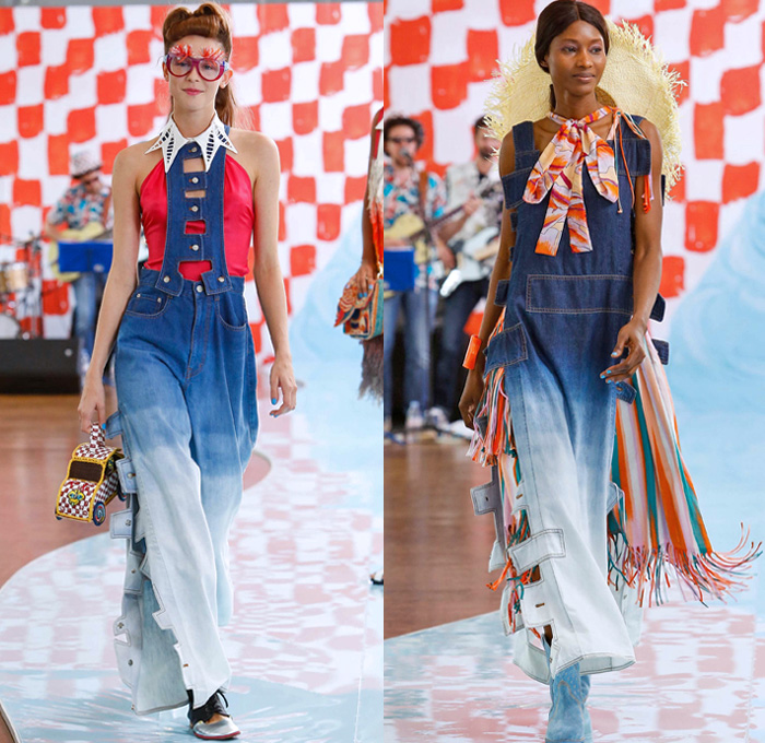 Tsumori Chisato 2018 Spring Summer Womens Runway Catwalk Looks - Mode à Paris Fashion Week France - Rockabilly 1950s Fringes Cartoons Drawings Sea Anemones Jellyfish Seashells People Flowers Floral Ruffles Knit Crochet Basketweave Mesh Holes Embroidery Bedazzled Studs Sequins Bamboo Check Tassels Patchwork Sheer Chiffon Pantsuit Vest Shirtdress Denim Jeans Jumpsuit Ombre Halterneck Blouse Crop Top Paper Cutout Dress Skirt Sunglasses Pompoms Tote VW Beetle House Bag Straw Hat Boots Bowling Shoes