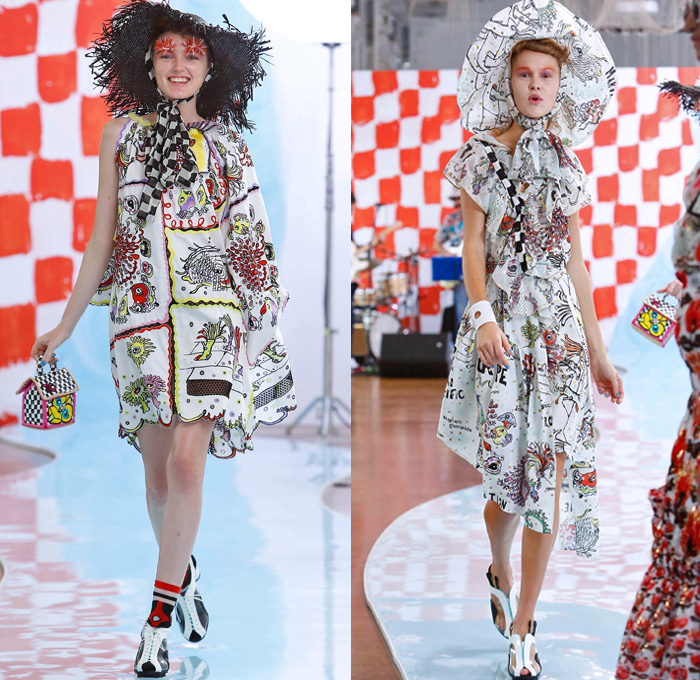 Tsumori Chisato 2018 Spring Summer Womens Runway Catwalk Looks - Mode à Paris Fashion Week France - Rockabilly 1950s Fringes Cartoons Drawings Sea Anemones Jellyfish Seashells People Flowers Floral Ruffles Knit Crochet Basketweave Mesh Holes Embroidery Bedazzled Studs Sequins Bamboo Check Tassels Patchwork Sheer Chiffon Pantsuit Vest Shirtdress Denim Jeans Jumpsuit Ombre Halterneck Blouse Crop Top Paper Cutout Dress Skirt Sunglasses Pompoms Tote VW Beetle House Bag Straw Hat Boots Bowling Shoes