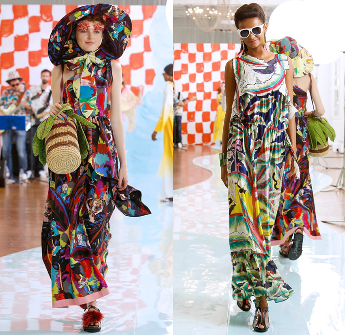 Tsumori Chisato 2018 Spring Summer Womens Runway Catwalk Looks - Mode à Paris Fashion Week France - Rockabilly 1950s Fringes Cartoons Drawings Sea Anemones Jellyfish Seashells People Flowers Floral Ruffles Knit Crochet Basketweave Mesh Holes Embroidery Bedazzled Studs Sequins Bamboo Check Tassels Patchwork Sheer Chiffon Pantsuit Vest Shirtdress Denim Jeans Jumpsuit Ombre Halterneck Blouse Crop Top Paper Cutout Dress Skirt Sunglasses Pompoms Tote VW Beetle House Bag Straw Hat Boots Bowling Shoes