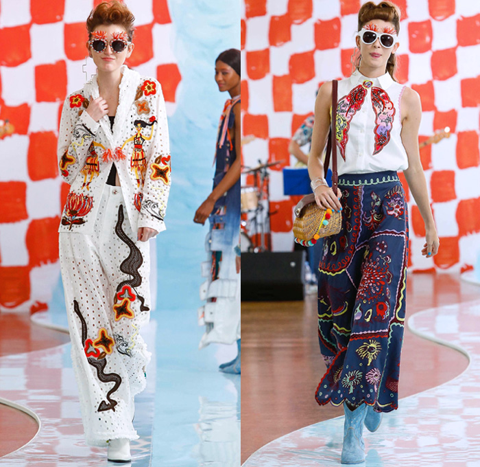 Tsumori Chisato 2018 Spring Summer Womens Runway Catwalk Looks - Mode à Paris Fashion Week France - Rockabilly 1950s Fringes Cartoons Drawings Sea Anemones Jellyfish Seashells People Flowers Floral Ruffles Knit Crochet Basketweave Mesh Holes Embroidery Bedazzled Studs Sequins Bamboo Check Tassels Patchwork Sheer Chiffon Pantsuit Vest Shirtdress Denim Jeans Jumpsuit Ombre Halterneck Blouse Crop Top Paper Cutout Dress Skirt Sunglasses Pompoms Tote VW Beetle House Bag Straw Hat Boots Bowling Shoes