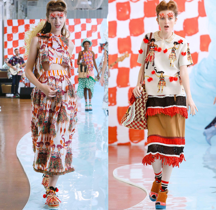 Tsumori Chisato 2018 Spring Summer Womens Runway Catwalk Looks - Mode à Paris Fashion Week France - Rockabilly 1950s Fringes Cartoons Drawings Sea Anemones Jellyfish Seashells People Flowers Floral Ruffles Knit Crochet Basketweave Mesh Holes Embroidery Bedazzled Studs Sequins Bamboo Check Tassels Patchwork Sheer Chiffon Pantsuit Vest Shirtdress Denim Jeans Jumpsuit Ombre Halterneck Blouse Crop Top Paper Cutout Dress Skirt Sunglasses Pompoms Tote VW Beetle House Bag Straw Hat Boots Bowling Shoes