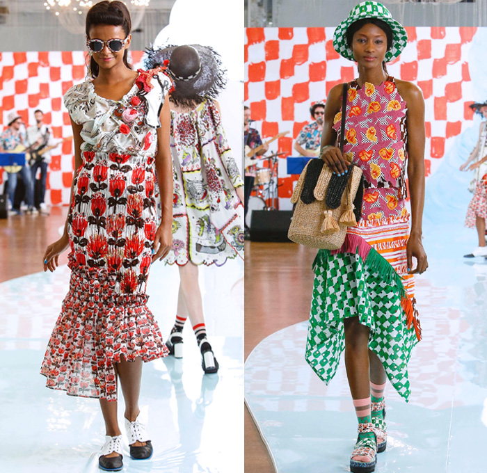 Tsumori Chisato 2018 Spring Summer Womens Runway Catwalk Looks - Mode à Paris Fashion Week France - Rockabilly 1950s Fringes Cartoons Drawings Sea Anemones Jellyfish Seashells People Flowers Floral Ruffles Knit Crochet Basketweave Mesh Holes Embroidery Bedazzled Studs Sequins Bamboo Check Tassels Patchwork Sheer Chiffon Pantsuit Vest Shirtdress Denim Jeans Jumpsuit Ombre Halterneck Blouse Crop Top Paper Cutout Dress Skirt Sunglasses Pompoms Tote VW Beetle House Bag Straw Hat Boots Bowling Shoes
