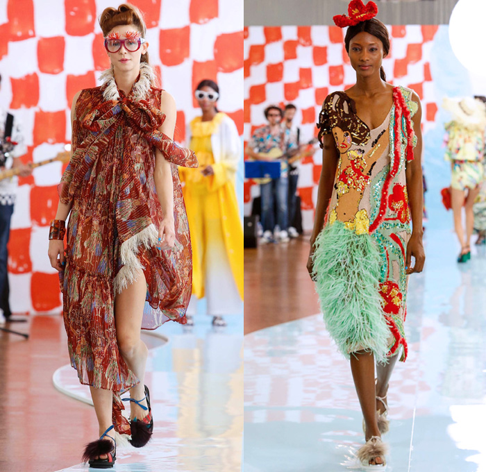 Tsumori Chisato 2018 Spring Summer Womens Runway Catwalk Looks - Mode à Paris Fashion Week France - Rockabilly 1950s Fringes Cartoons Drawings Sea Anemones Jellyfish Seashells People Flowers Floral Ruffles Knit Crochet Basketweave Mesh Holes Embroidery Bedazzled Studs Sequins Bamboo Check Tassels Patchwork Sheer Chiffon Pantsuit Vest Shirtdress Denim Jeans Jumpsuit Ombre Halterneck Blouse Crop Top Paper Cutout Dress Skirt Sunglasses Pompoms Tote VW Beetle House Bag Straw Hat Boots Bowling Shoes