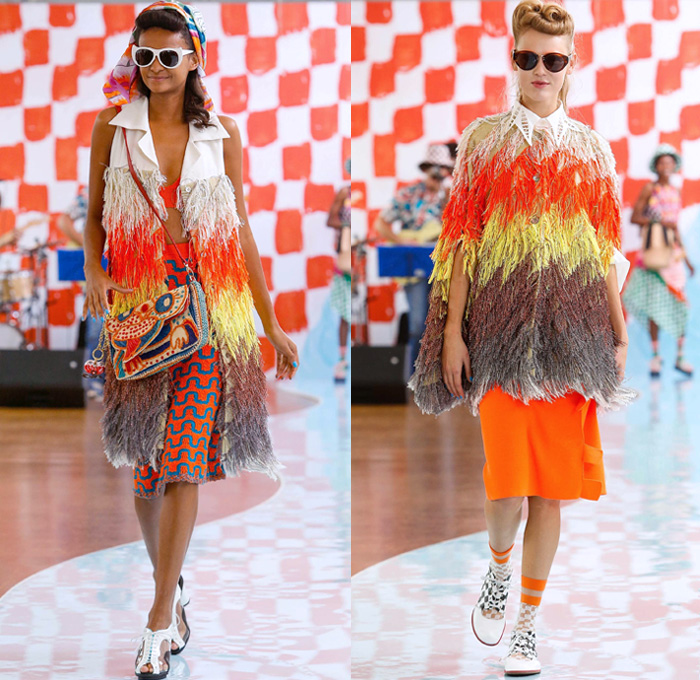 Tsumori Chisato 2018 Spring Summer Womens Runway Catwalk Looks - Mode à Paris Fashion Week France - Rockabilly 1950s Fringes Cartoons Drawings Sea Anemones Jellyfish Seashells People Flowers Floral Ruffles Knit Crochet Basketweave Mesh Holes Embroidery Bedazzled Studs Sequins Bamboo Check Tassels Patchwork Sheer Chiffon Pantsuit Vest Shirtdress Denim Jeans Jumpsuit Ombre Halterneck Blouse Crop Top Paper Cutout Dress Skirt Sunglasses Pompoms Tote VW Beetle House Bag Straw Hat Boots Bowling Shoes