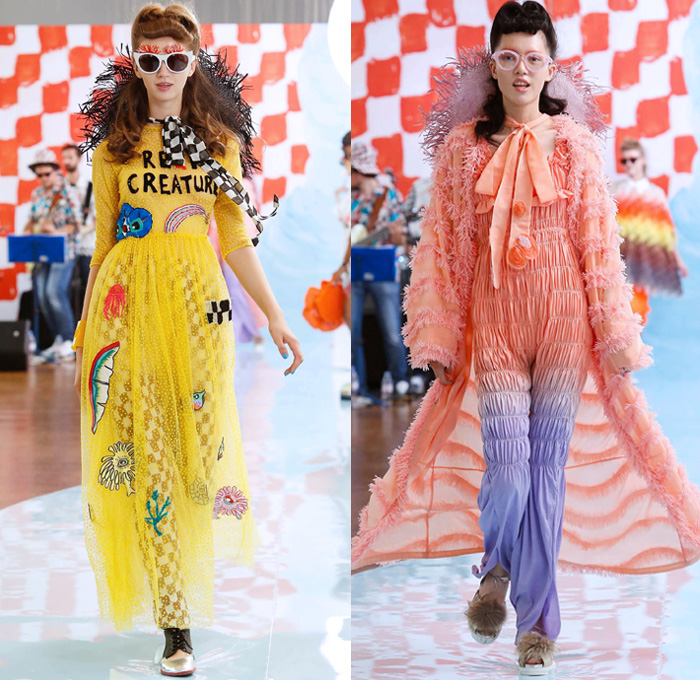 Tsumori Chisato 2018 Spring Summer Womens Runway Catwalk Looks - Mode à Paris Fashion Week France - Rockabilly 1950s Fringes Cartoons Drawings Sea Anemones Jellyfish Seashells People Flowers Floral Ruffles Knit Crochet Basketweave Mesh Holes Embroidery Bedazzled Studs Sequins Bamboo Check Tassels Patchwork Sheer Chiffon Pantsuit Vest Shirtdress Denim Jeans Jumpsuit Ombre Halterneck Blouse Crop Top Paper Cutout Dress Skirt Sunglasses Pompoms Tote VW Beetle House Bag Straw Hat Boots Bowling Shoes